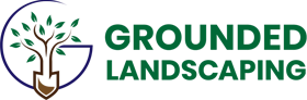 Logo for Grounded Landscaping featuring a stylized tree with green leaves, roots forming a G shape, and a brown shovel at the base. The company name is written in green, bold capital letters to the right.