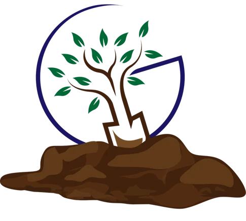 A stylized, pixel-art image of a tree with green leaves and a brown trunk standing on rocky ground, set against a dark blue and purple circular background.