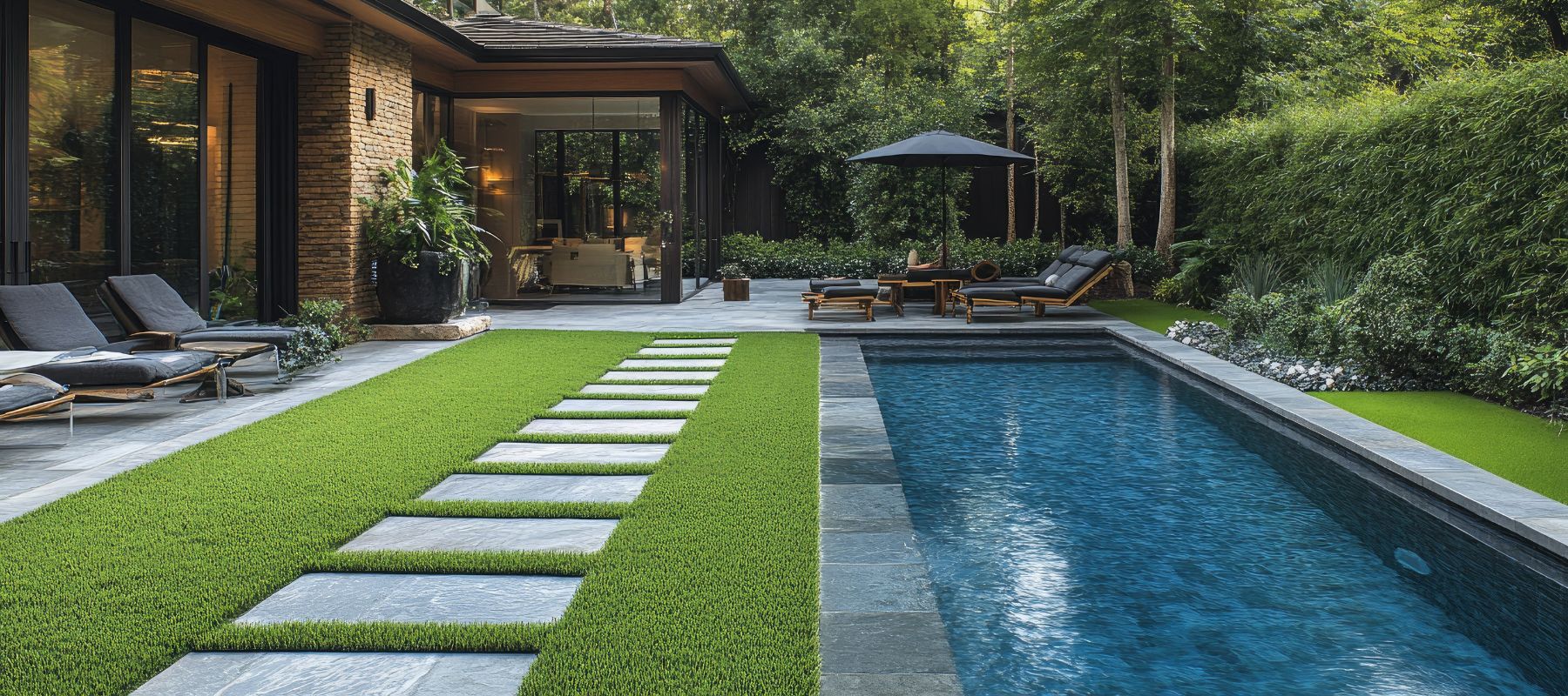 Modern backyard with a rectangular swimming pool, lounge chairs, stone pavers across artificial grass, patio seating area, and lush green landscaping with tall trees and shrubs.