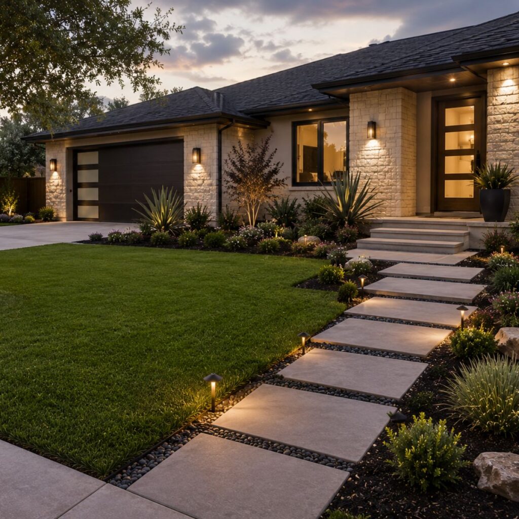 Modern house with stone exterior, flat roof, and large windows. A well-manicured lawn, landscaped garden, and illuminated stone walkway lead to the front door. Evening lighting creates a warm, inviting atmosphere.