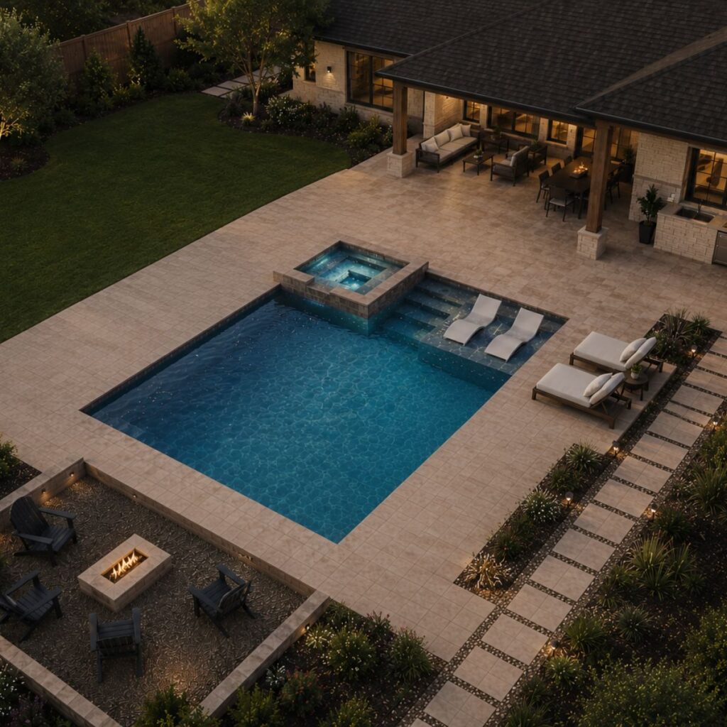 A modern backyard features a rectangular pool with built-in lounge chairs, a hot tub, a fire pit area with chairs, and a landscaped garden, viewed from above in the evening.